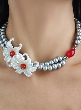 复古法式设计感双层珍珠鸢尾花项