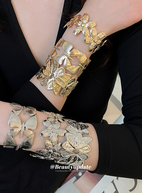 金属纹路几何花朵开口手镯冷淡风