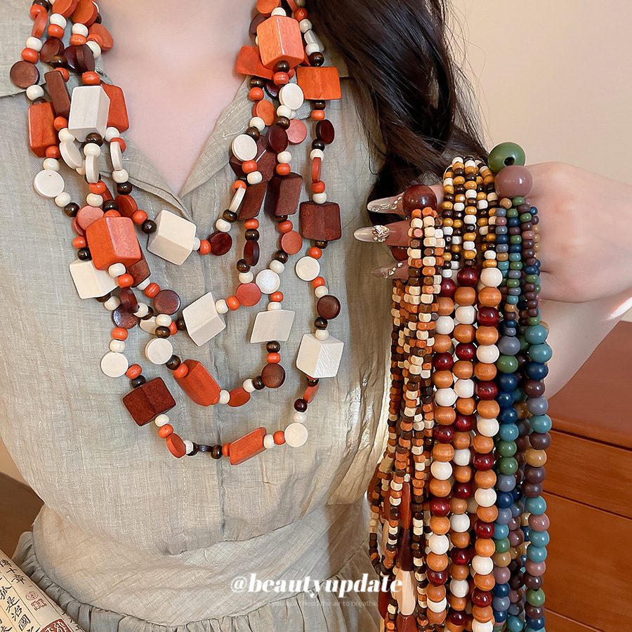 复古木珠多层圆形方形串珠吊坠项