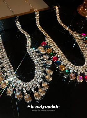 欧美夸张方形镶钻流苏项链时尚轻