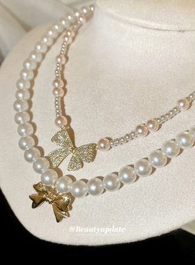 法式气质锆石蝴蝶结珍珠项链复古