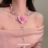 森系喷漆花朵珍珠项链清新甜美气质田园风锁骨链设计感小众毛衣链