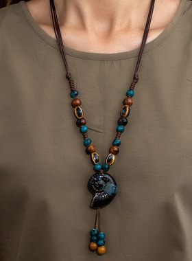 复古陶瓷珠串海螺吊坠项链女波西