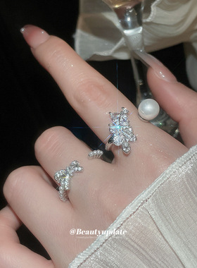 锆石蝴蝶结珍珠开口戒指轻奢小众