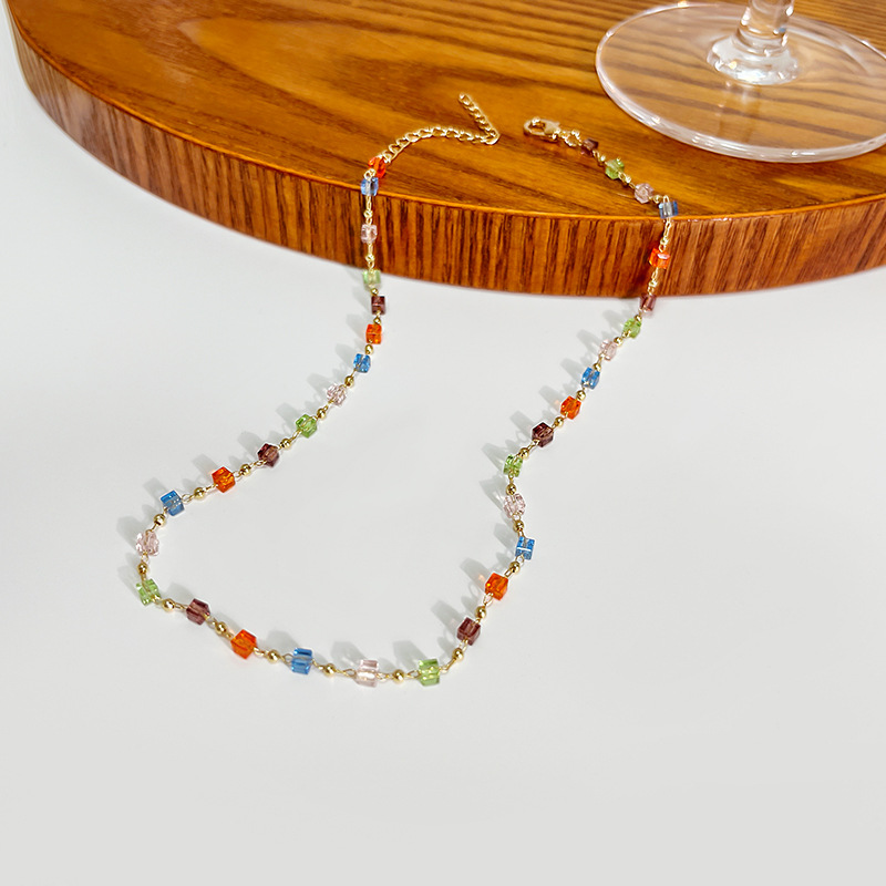 法式彩色水晶项链复古温柔少女锁