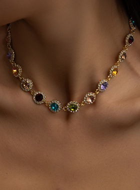 复古轻奢风彩色镶钻水滴圆形锁骨