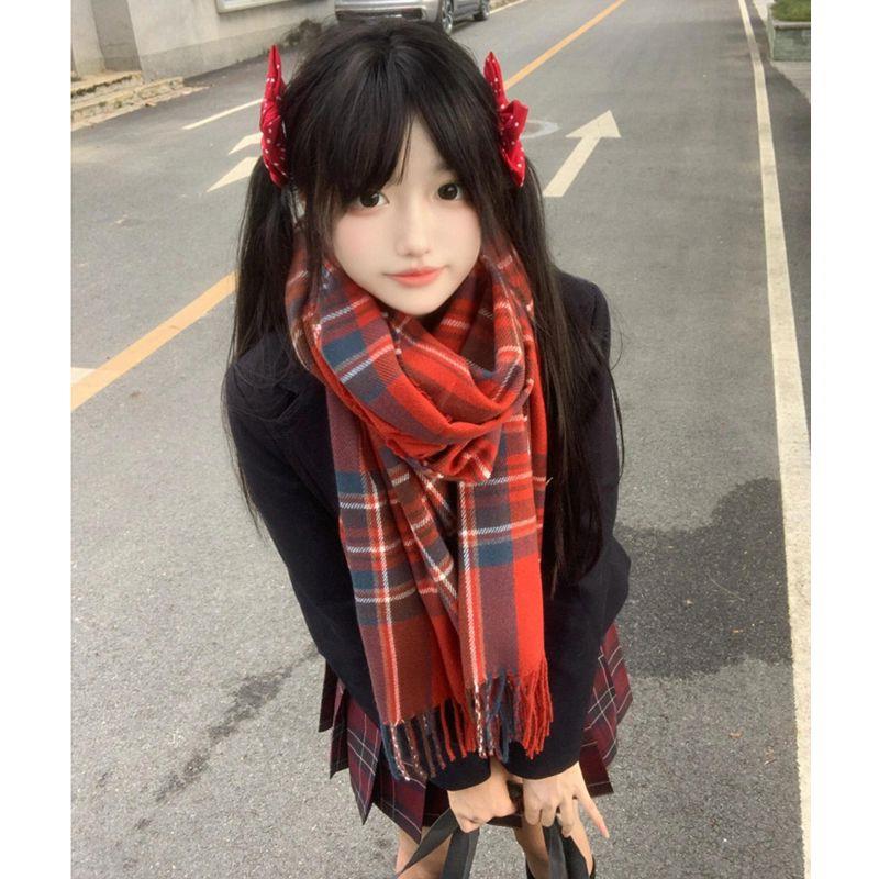 冬季新款围巾女红色格子围巾女韩系氛围感百搭保暖学生情侣围脖JK