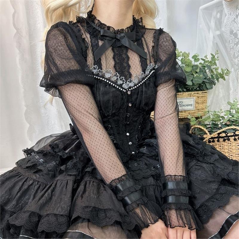 协奏曲lolita内搭透明内搭长袖蕾丝网纱内搭蝴蝶结洛丽塔衬衫内搭