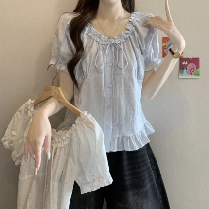 设计感木耳边系带短袖衬衫女夏季新款胖mm减龄洋气显瘦短款上衣