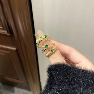 法式复古vintage拉丝小猫祖母绿钻锆石戒指小众个性中古金食指戒