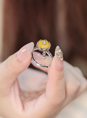 可转动祈福轮戒指女复古做旧莲花