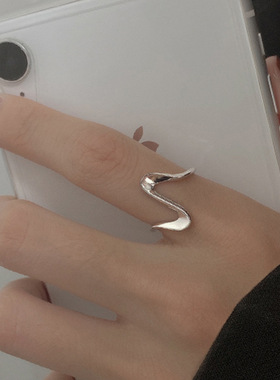 波浪戒指女小众设计感简约学生百搭素圈几何线条指环开口可调节