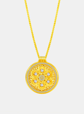 古法金色莲花罗盘吊坠女CNC精工纳米真空电镀微镶锆石花朵配饰潮