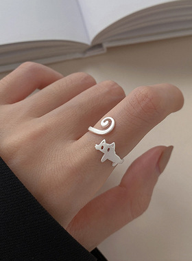 小猫戒指女生可爱简约小众设计感磨砂猫咪动物戒开口可调节指环
