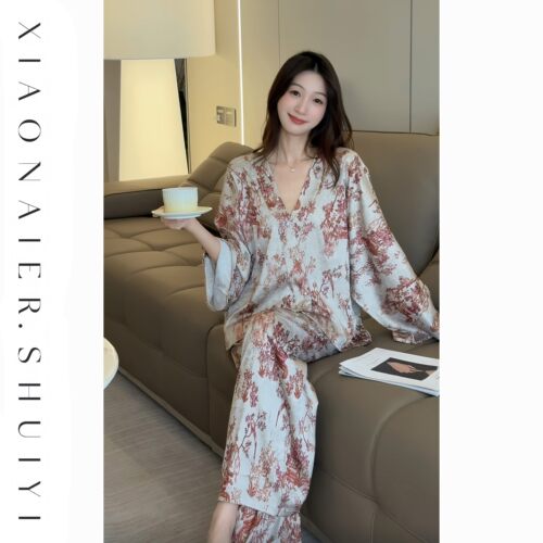 高级感睡衣V领宽松开衫式套装