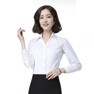 白衬衫女职业长袖寸衫女士白色衬衫工装正装V领衬衫工作衬衣秋季