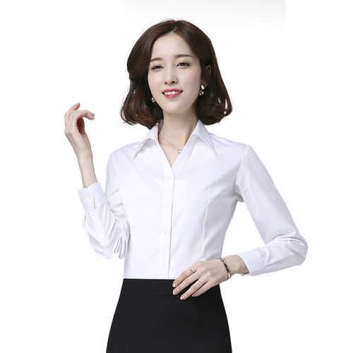 白衬衫女职业长袖寸衫女士白色衬衫工装正装V领衬衫工作衬衣夏季