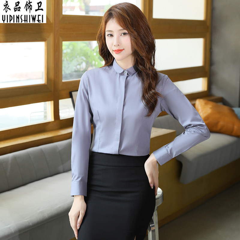职场浅蓝色衬衫女春季新款长袖职业女士工作正装白衬衣衬衫女春秋