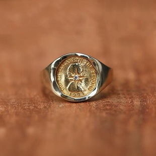 新品牛钝 日本时尚气质戒指伊丽莎白手工射线点钻铜币