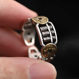 国潮复古铜钱算盘戒指男女财源滚滚开口情侣藏银指环