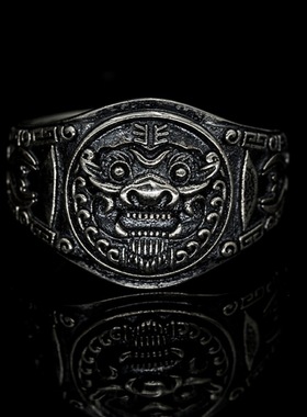 新品新款国风复古醒狮盾牌戒指男