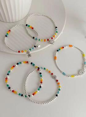 手链ins小众设计韩版可爱小熊彩虹笑脸爱心弹力串珠闺蜜手串女