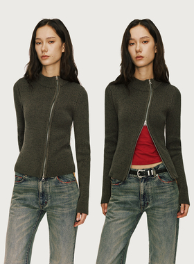 antceee 斜襟双拉修身击剑毛衣 半高领暗纹线条结构百搭上衣外套