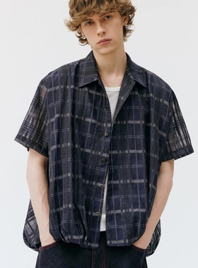 antceee 进口面料轻薄透纱格纹花苞衬衫 高质感飘逸通勤短袖衬衣