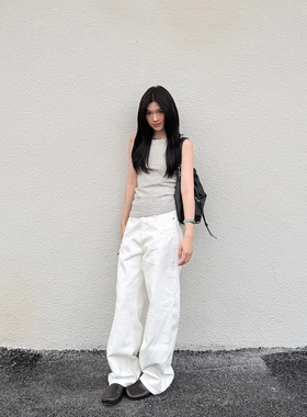 antceee 中高腰廓形直筒白色牛仔裤 抗邹纯棉宽松阔版牛仔长裤