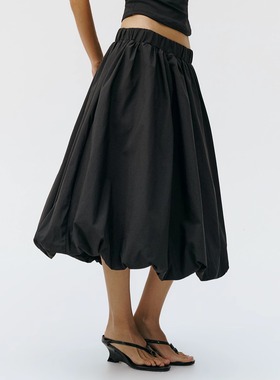 antceee 纯色褶皱工艺双侧口袋立体感花苞裙舒适高质感半身裙长裙