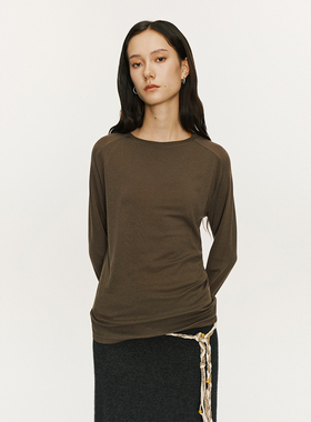 antceee 插肩指插袖慵懒宽松一字领长袖 休闲打底外穿小结领口T恤