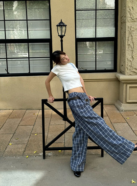 antceee 荷花腰头格子可穿腰带阔腿裤 慵懒风通勤直筒宽松休闲裤