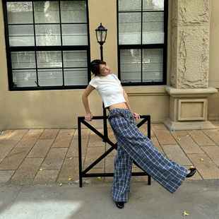 慵懒风通勤直筒宽松休闲裤 antceee 荷花腰头格子可穿腰带阔腿裤