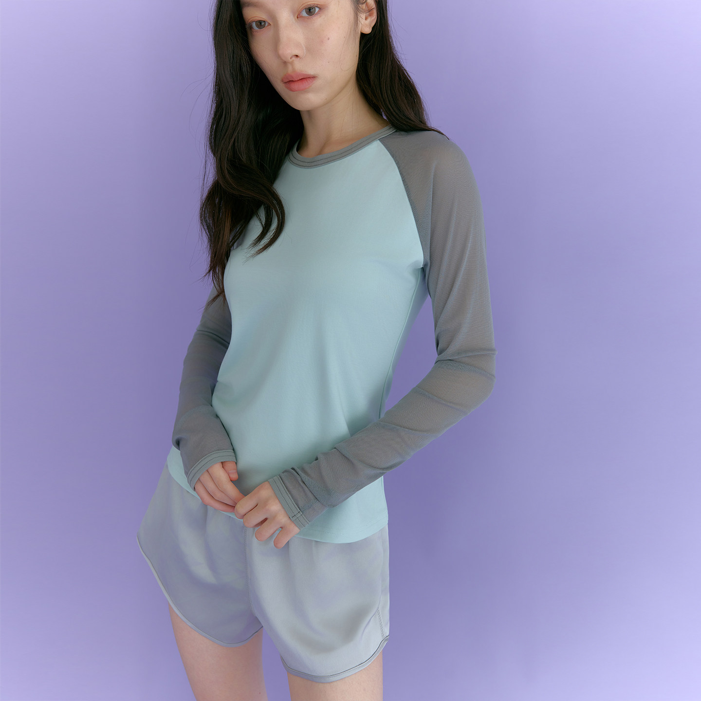 撞色拼接半透网纱透气长袖T恤女