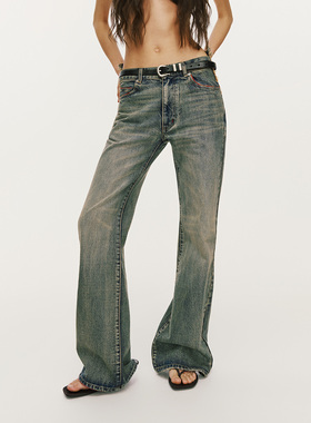 antceee 怀旧水洗拼接后腰头低腰牛仔裤 磨毛廓型剪裁休闲长裤