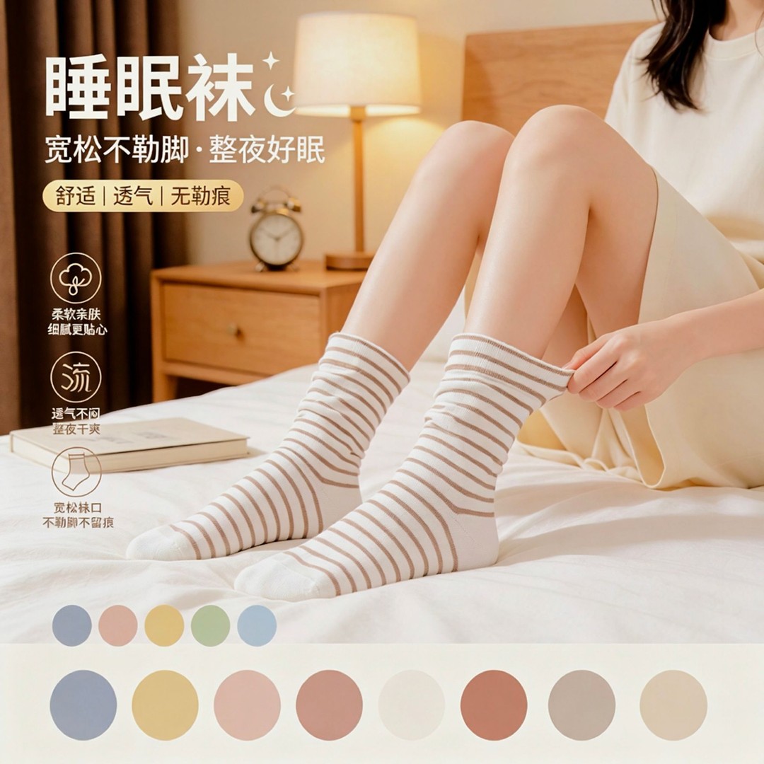 睡觉穿的袜子纯棉女袜中筒空调袜脚肿松口睡眠袜宽松吸汗棉袜A5