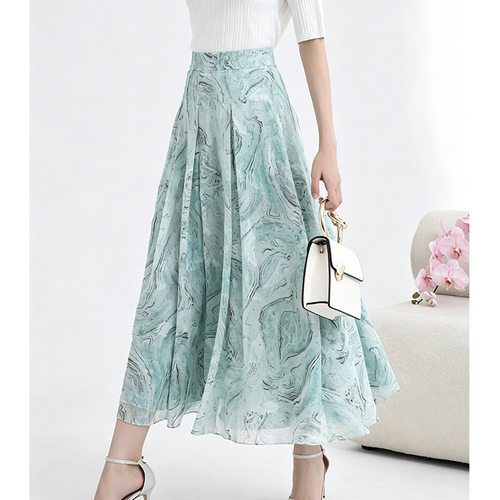 maSande【BU定单】夏装新款大理石印花浅绿飘逸网纱a字半裙中长款
