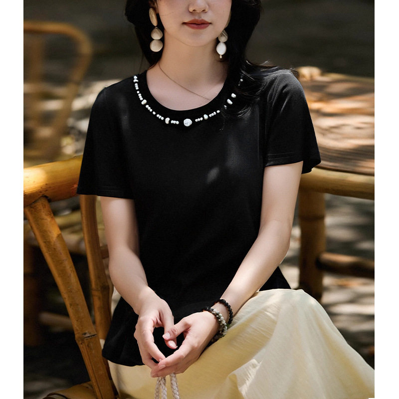 maSande时尚超好看黑色圆领短袖T桖女夏季新款2025年设计感钉珠百