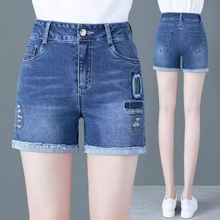 高腰弹力破洞牛仔短裤女2025年夏季女士新款百搭外穿显瘦直筒裤潮