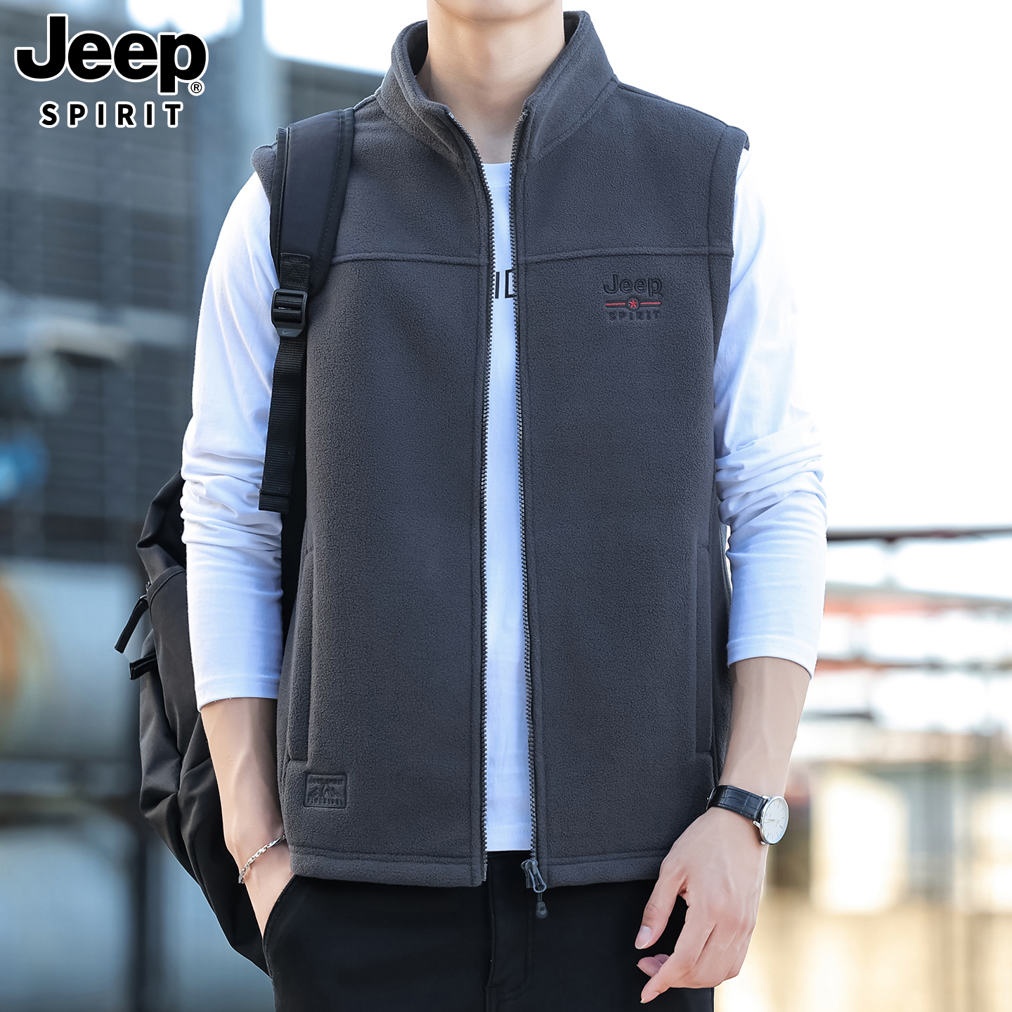 吉普摇粒绒马甲男秋冬新款无袖坎肩加绒保暖外穿立领背心抓绒外套