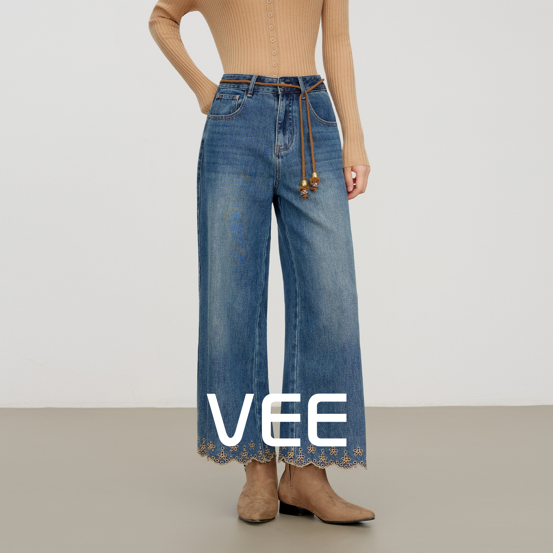 VEE【绣花牛仔裤】牛仔裤女2025新款脚口刺绣飘带九分宽松阔腿裤