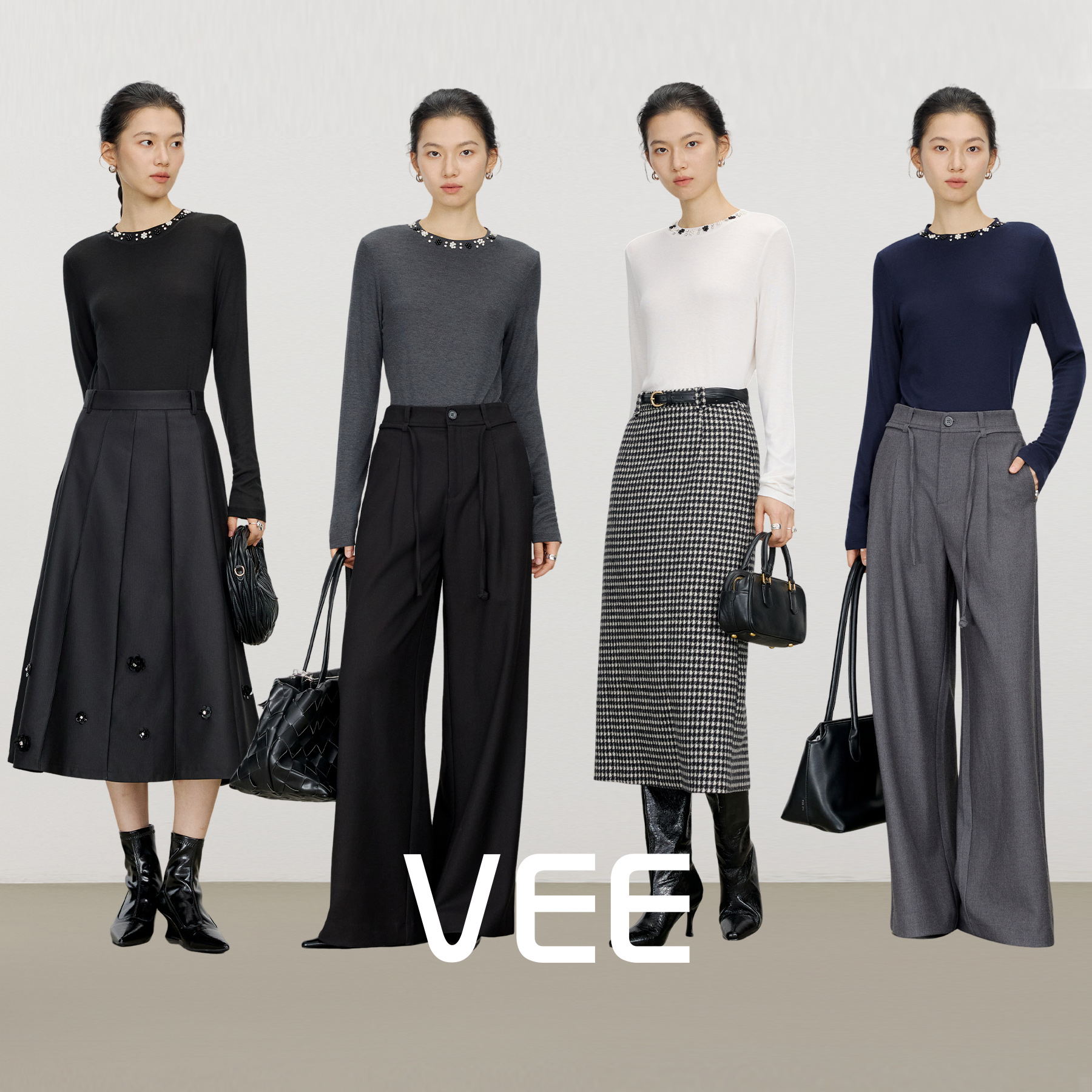 VEE【精致打底衫】气质羊绒打底衫2025新款钉珠弹力内搭长袖上衣