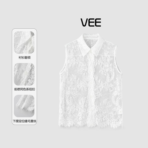 VEE温柔风蕾丝透视无袖衬衫女