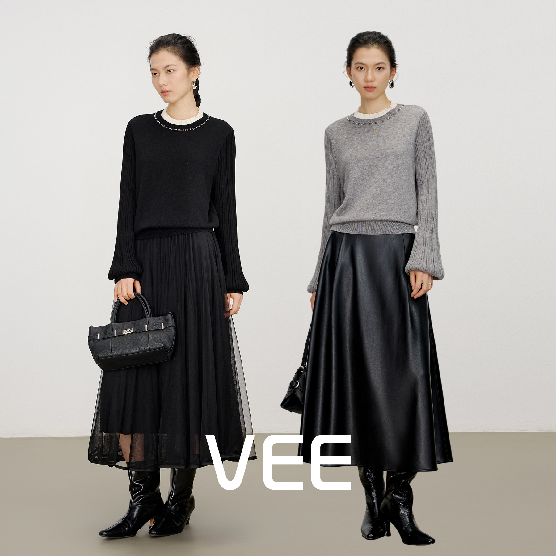 VEE【宫廷毛衣】重工钉珠订钻灯笼袖羊毛混纺假两件套头针织衫女