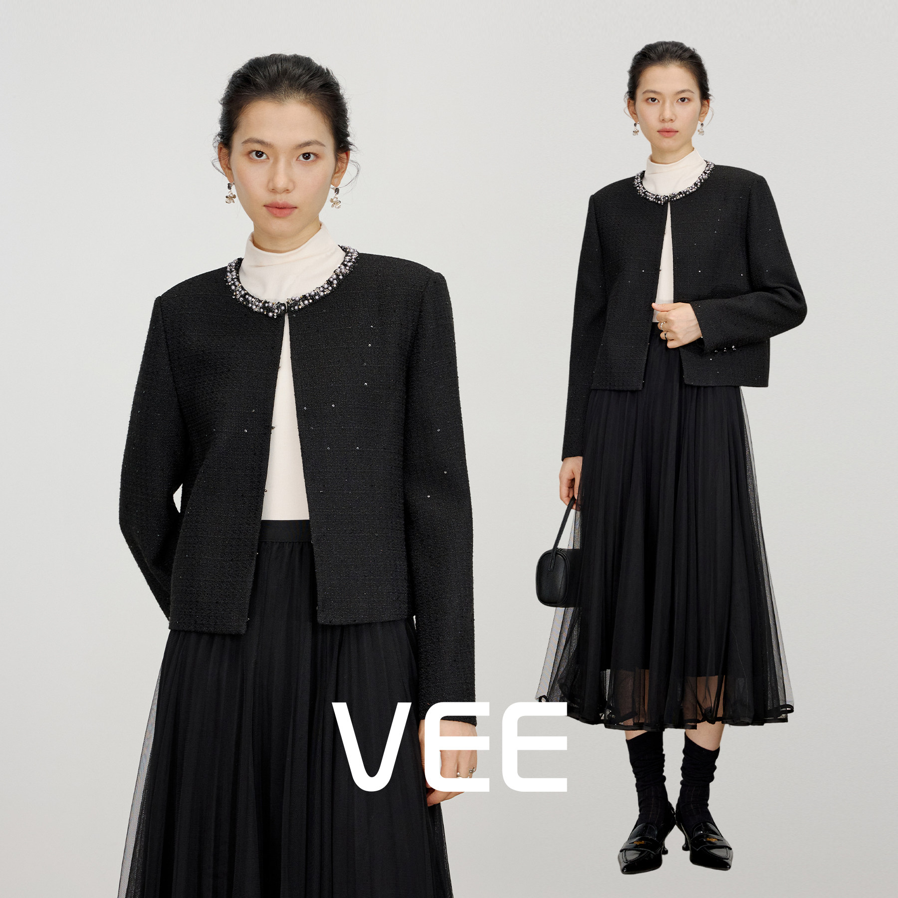 VEE【赫本匣】 小香风外套女2025新款秋定钻亮片老钱圆领短款上衣