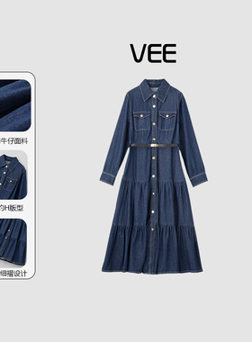 VEE【蓝莓起司】25春装新复古显瘦蓝色中长款牛仔连衣裙长袖裙子