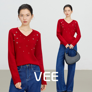 打底上衣 羊毛混纺毛衣女重工钉珠V领套头针织衫 VEE 许你耀眼