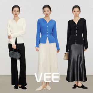 VEE【倩影毛衣】收腰女人味针织衫女珍珠V领羊毛混纺打底叠穿上衣