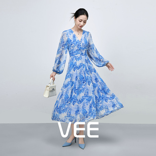 VEE【花仙子】法式碎花雪纺长袖收腰显瘦连衣裙女优雅女神范裙子