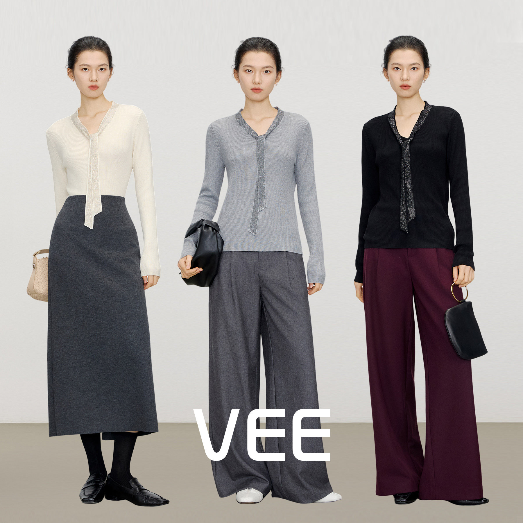 VEE【钻钻毛衣】精致定钻飘带V领针织衫女秋冬新款百搭打底上衣